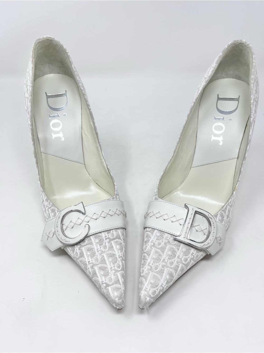 NIB Vintage Dior Oblique Jacquard Pump White Trotter Canvas CD Pointed Toe 37 EU